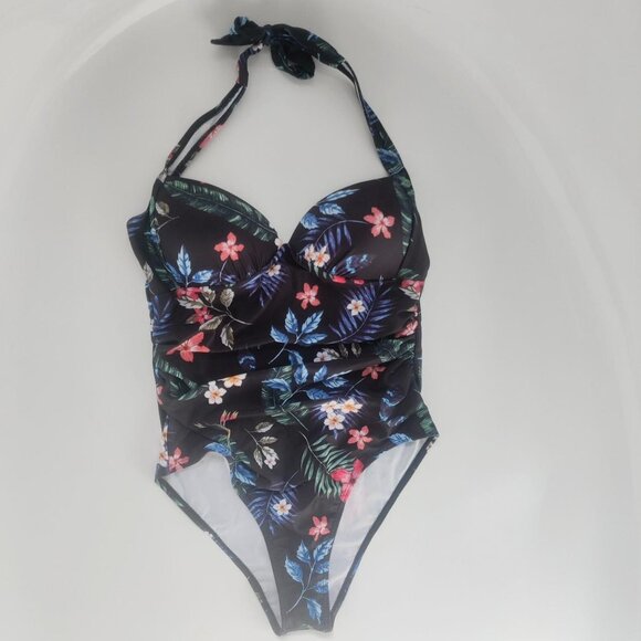 2 for $15 | Black cloral neck tied one-piece swimwear - Picture 1 of 5